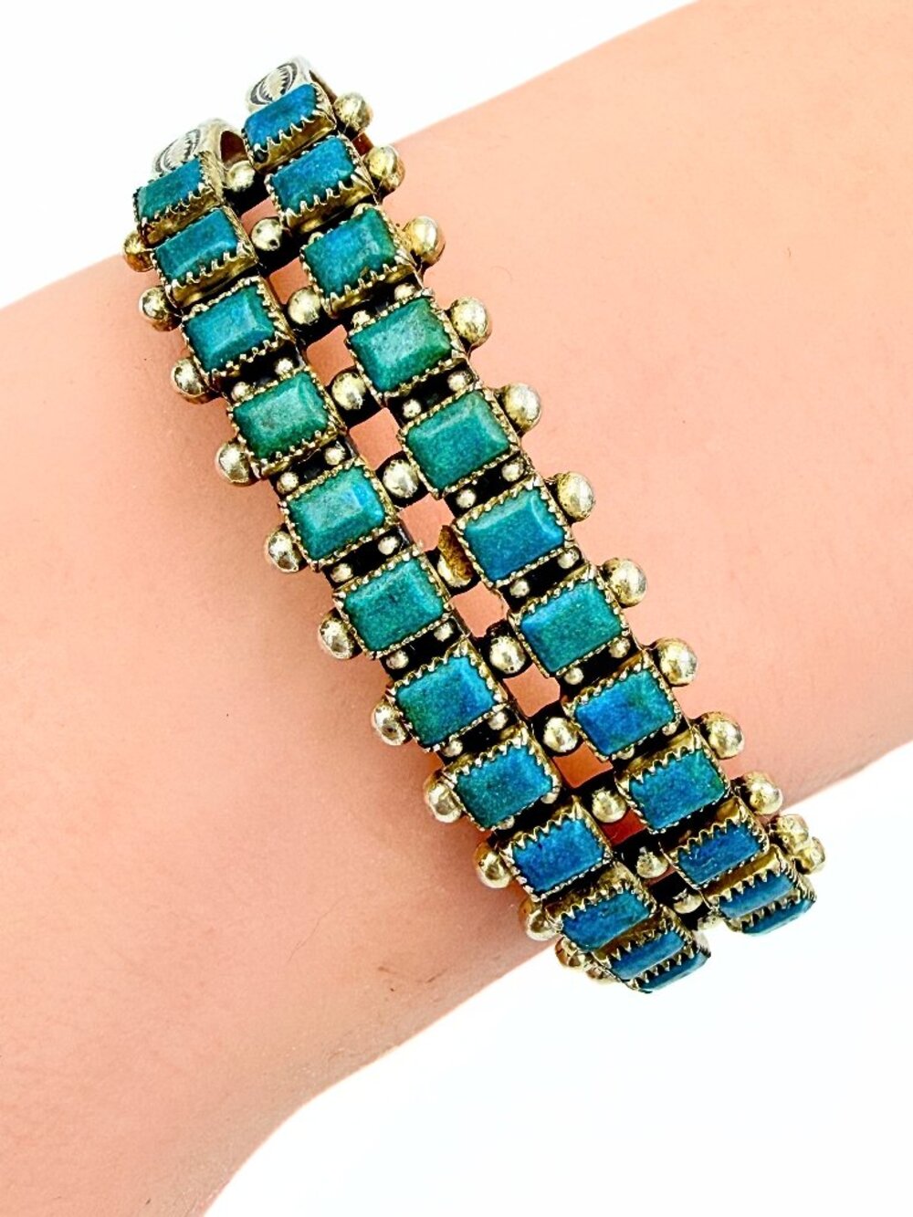 Native American Zuni Sterling Silver Double Row Grid Turquoise Cuff Bracelet